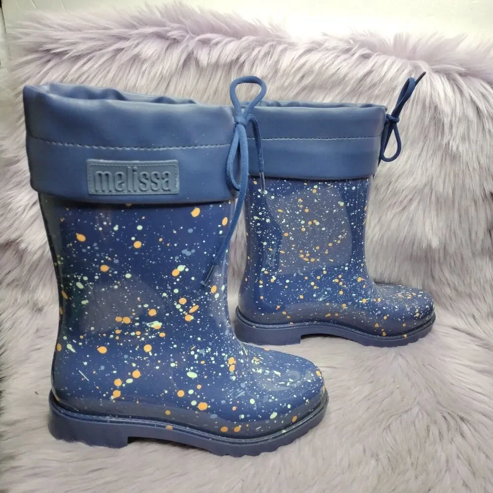 Mini Melissa Rain Boot Girls Kids Size 2 Blue Paint Splatter